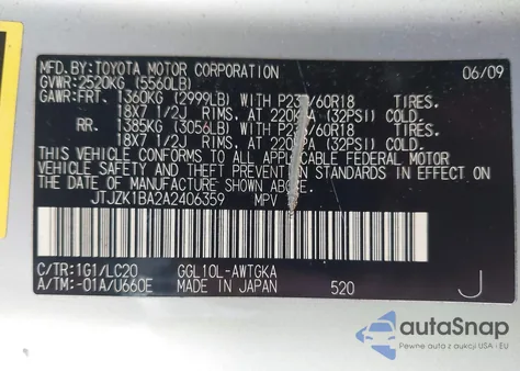 2010 Lexus Rx 350 z USA, uszkodzony, nr VIN JTJZK1BA2A2406359